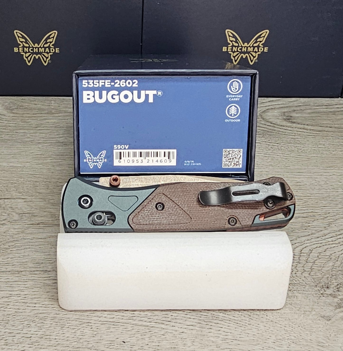 B-USA 535FE-2602 BUGO*T Taiga Green aluminum/brown canvas micarta MADE on a BENCH in Oregon