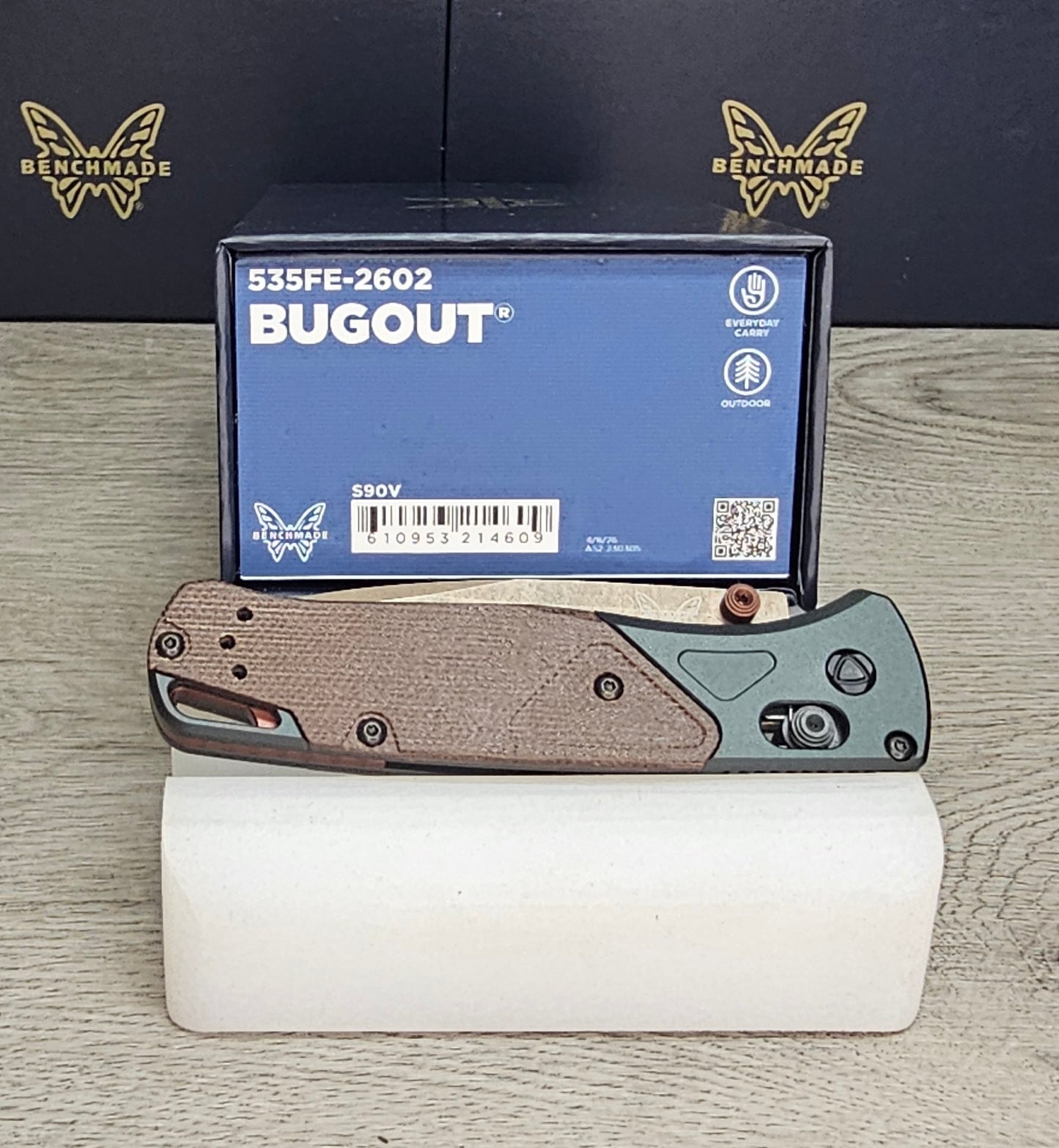 B-USA 535FE-2602 BUGO*T Taiga Green aluminum/brown canvas micarta MADE on a BENCH in Oregon