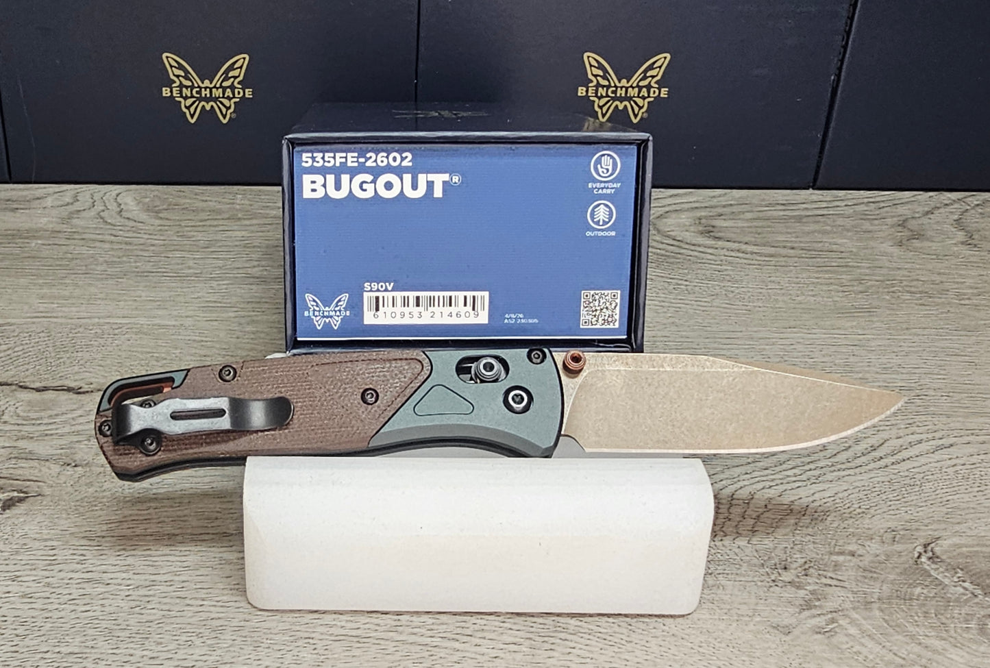 B-USA 535FE-2602 BUGO*T Taiga Green aluminum/brown canvas micarta MADE on a BENCH in Oregon
