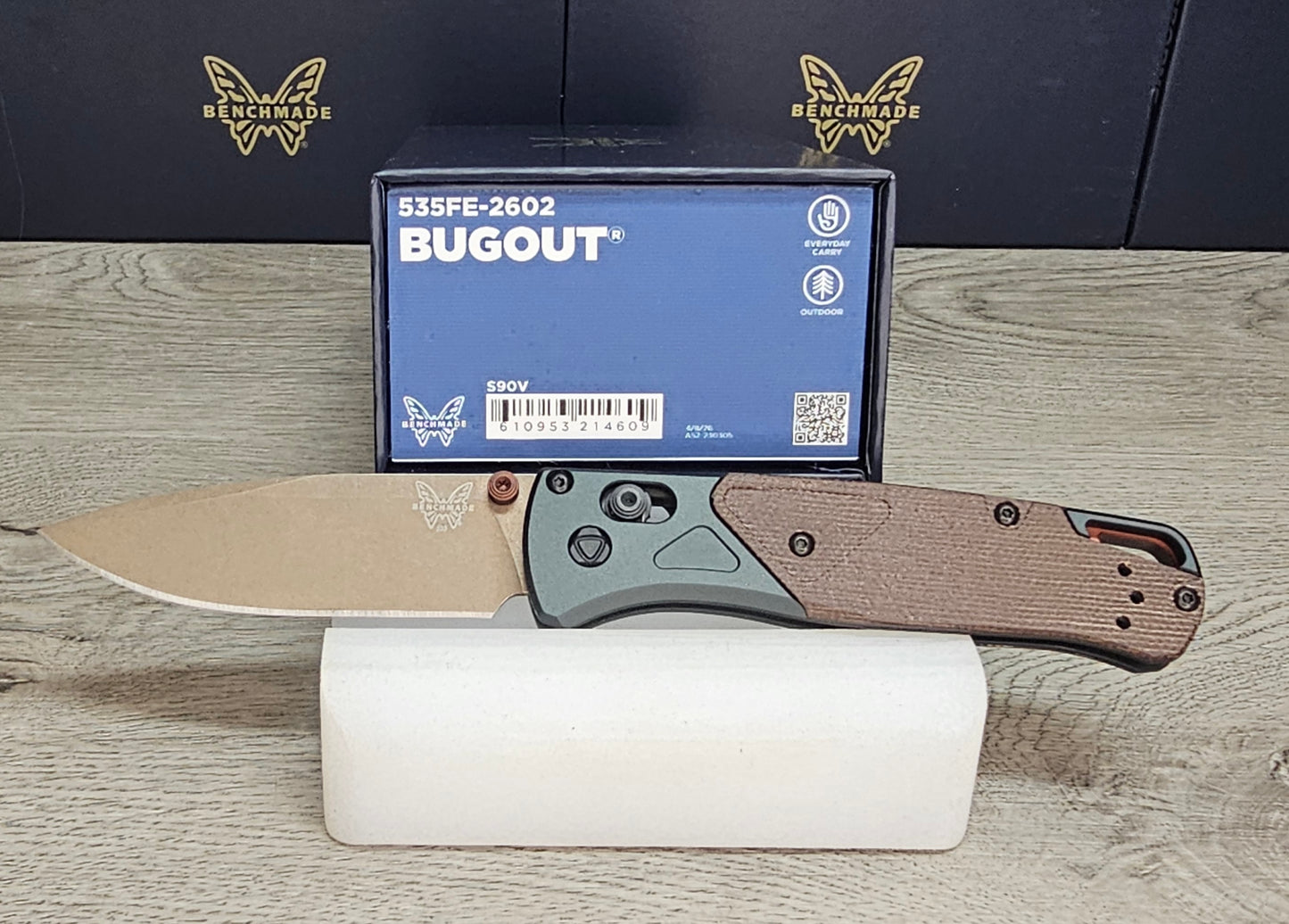 B-USA 535FE-2602 BUGO*T Taiga Green aluminum/brown canvas micarta MADE on a BENCH in Oregon