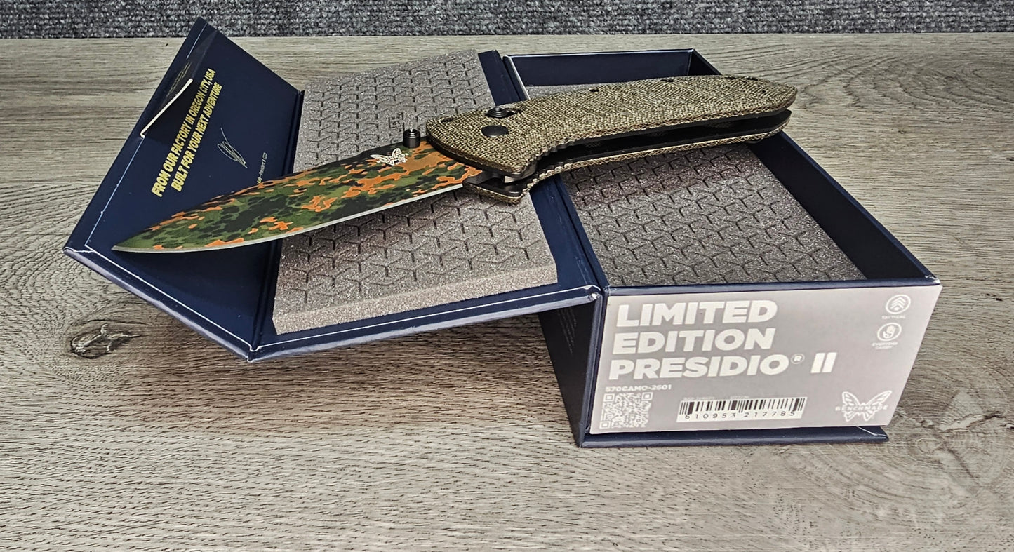 B-USA 570CAMO-2601  PRES*DIO II LIMITED SHOT SHOW 2026 KNIFE MADE on a BENCH in Oregon