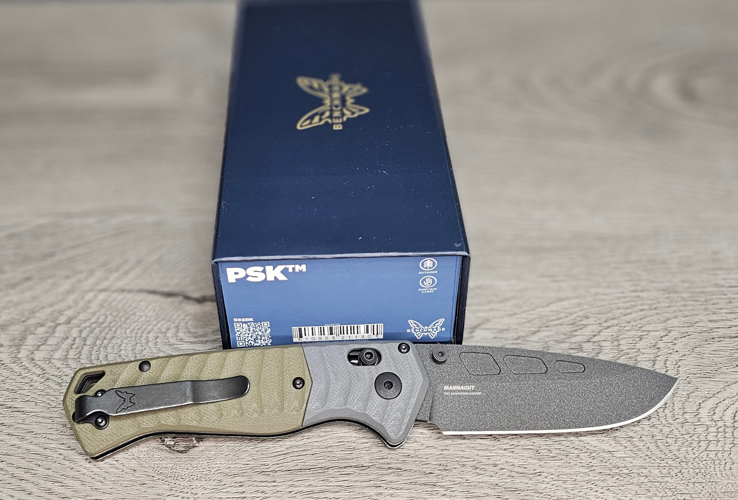 B-USA 593BK  PS*K GRAY & OD GREEN MADE on a BENCH in Oregon USA