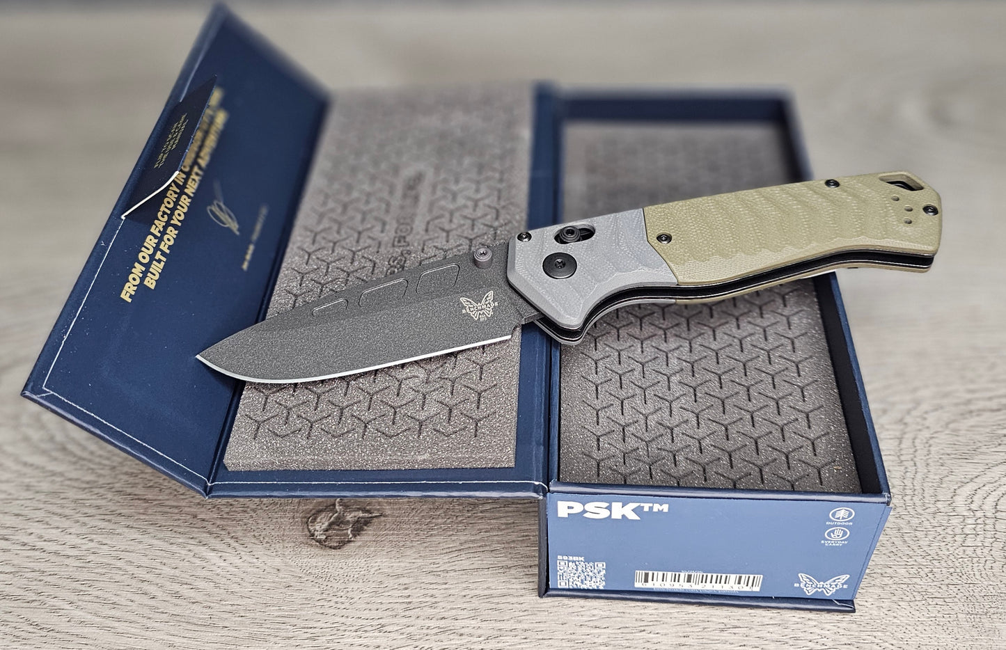 B-USA 593BK  PS*K GRAY & OD GREEN MADE on a BENCH in Oregon USA