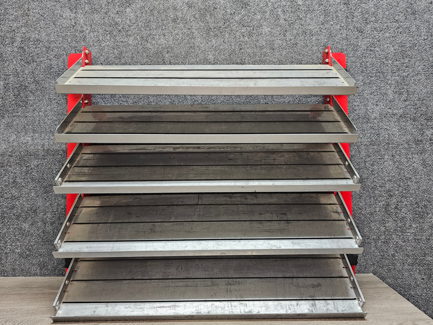 PROMO SHELF (5 SHALLOW SHELVES)  DISPLAY POWDER COATED RED MOUNTS TO E- TRACK OR YOU CAN EASILY BOLT TO WALL