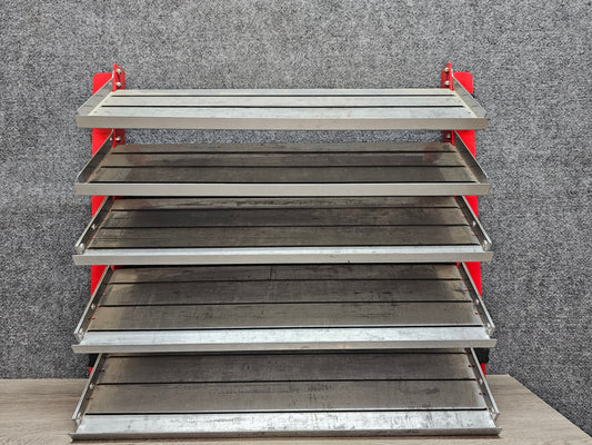 PROMO SHELF (5 SHALLOW SHELVES)  DISPLAY POWDER COATED RED MOUNTS TO E- TRACK OR YOU CAN EASILY BOLT TO WALL