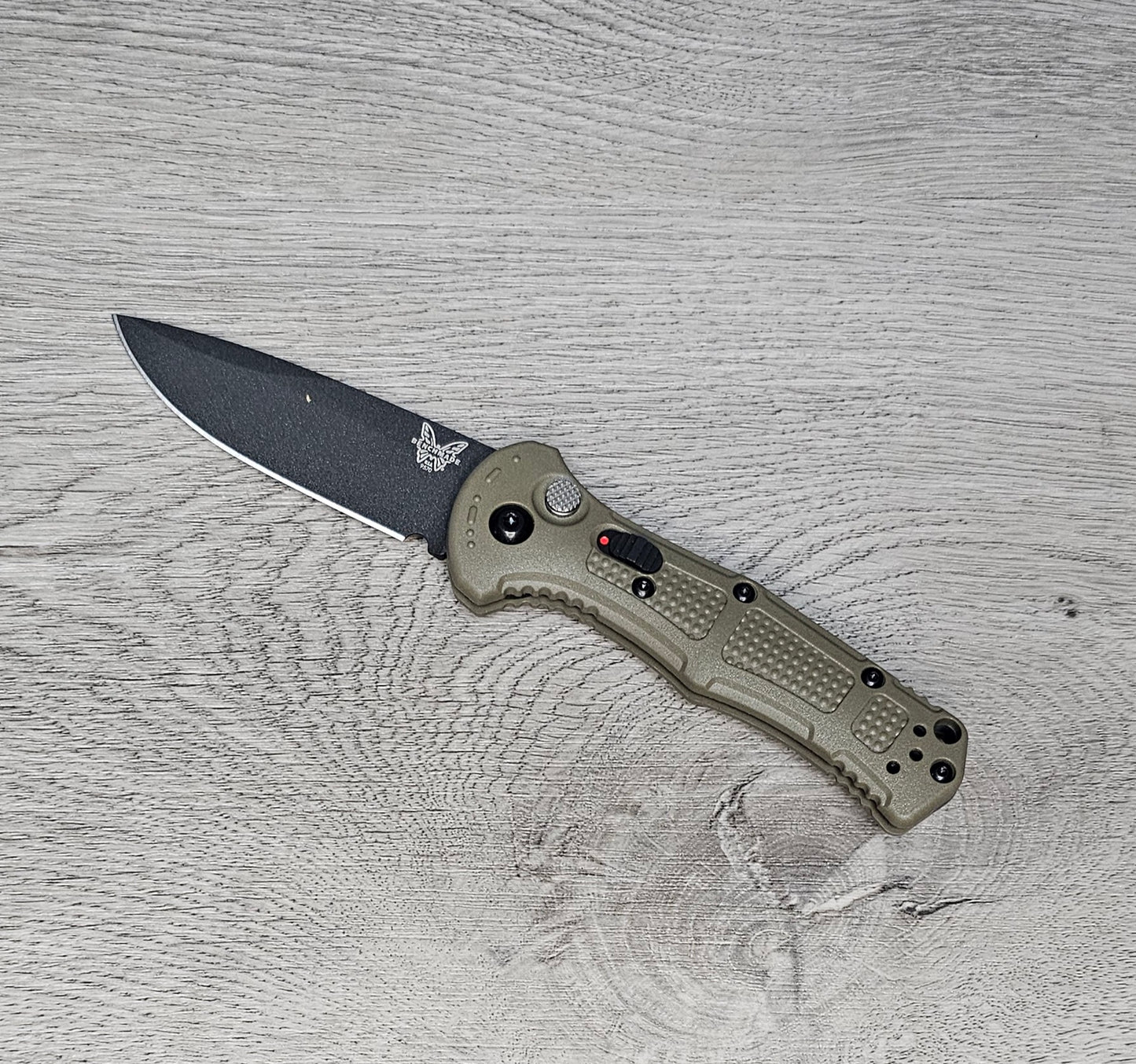 B-USA 9070BK-1  CLAYM*RE AUTO OPENING (NON 0TF) RANGER GREEN  KNIFE . MADE on a BENCH in Oregon