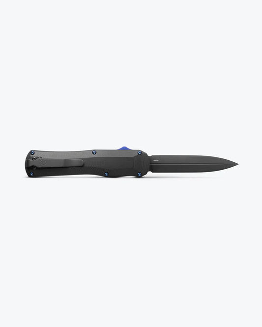 BENCHMADE AUTOCRAT BLACK OTF DAGGER WITH FULLER BLACK G10 W/BLUE HARDWARE  # 3400BK