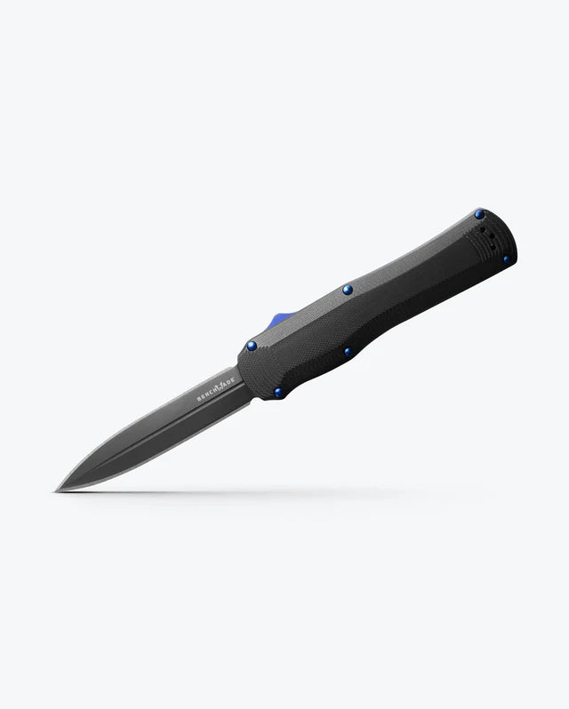 BENCHMADE AUTOCRAT BLACK OTF DAGGER WITH FULLER BLACK G10 W/BLUE HARDWARE  # 3400BK