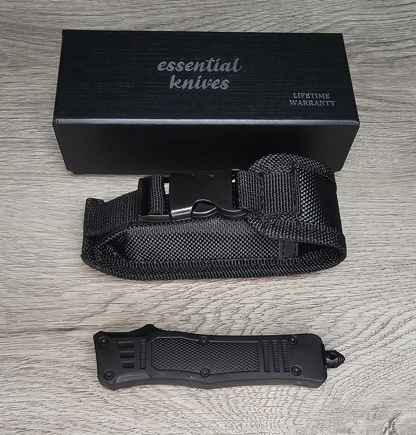 ESSENTIAL KNIVES "THE ESSENTIAL 7" BLACK Out The Front Knife TANTO SERRATED Blade