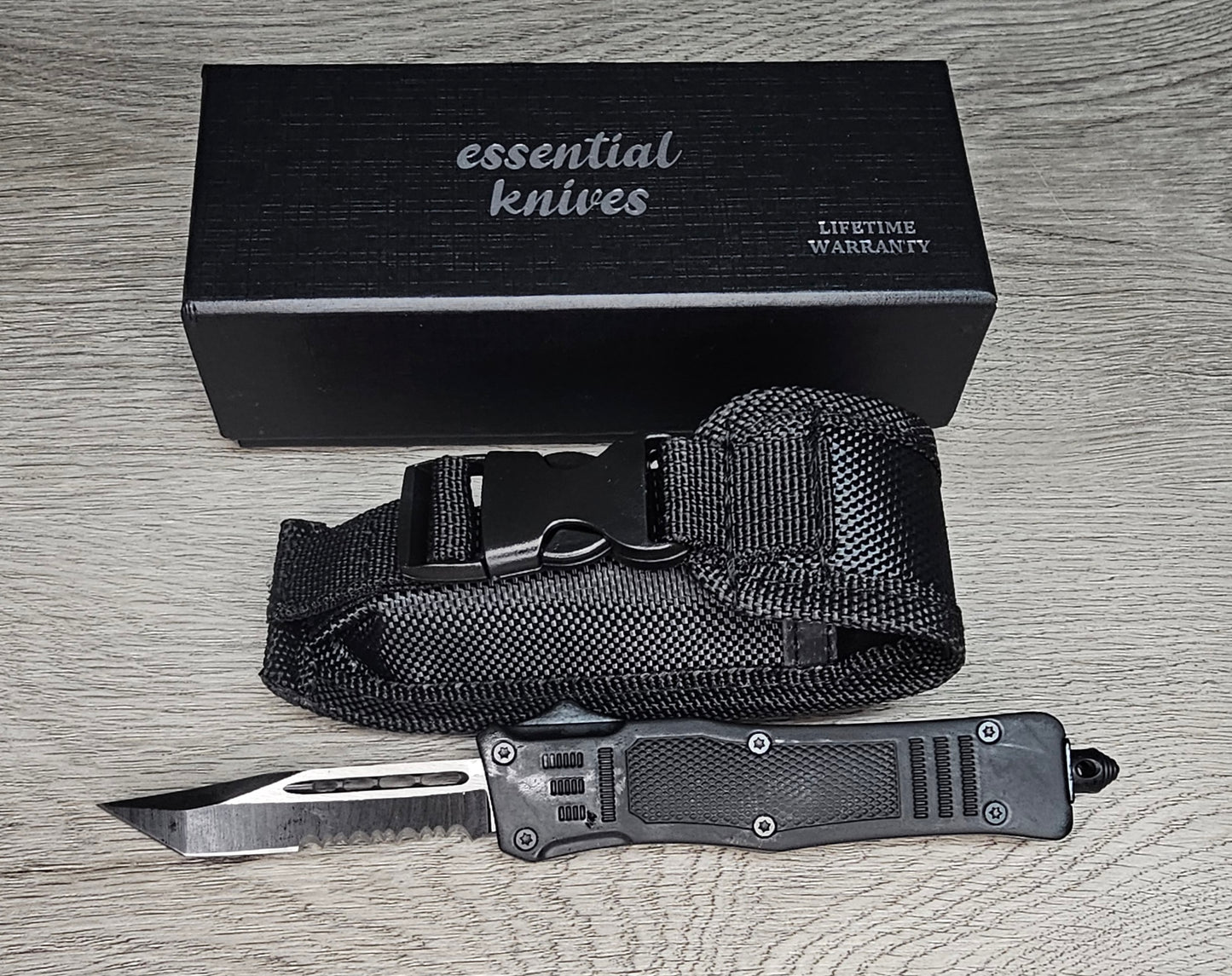 ESSENTIAL KNIVES "THE ESSENTIAL 7" BLACK Out The Front Knife TANTO SERRATED Blade