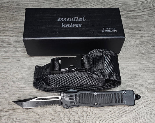 ESSENTIAL KNIVES "THE ESSENTIAL 7" BLACK Out The Front Knife TANTO SERRATED Blade