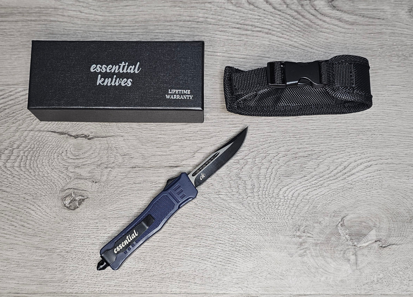 ESSENTIAL KNIVES "THE ESSENTIAL 7" BLUE Out The Front Knife DROP POINT Blade