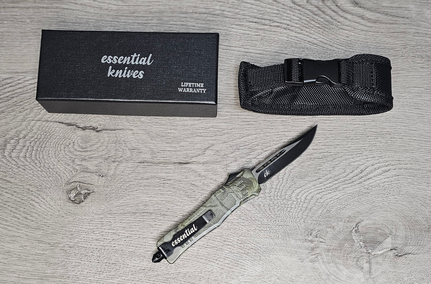 ESSENTIAL KNIVES "THE ESSENTIAL 7" CAMO Out The Front Knife DROP POINT Blade