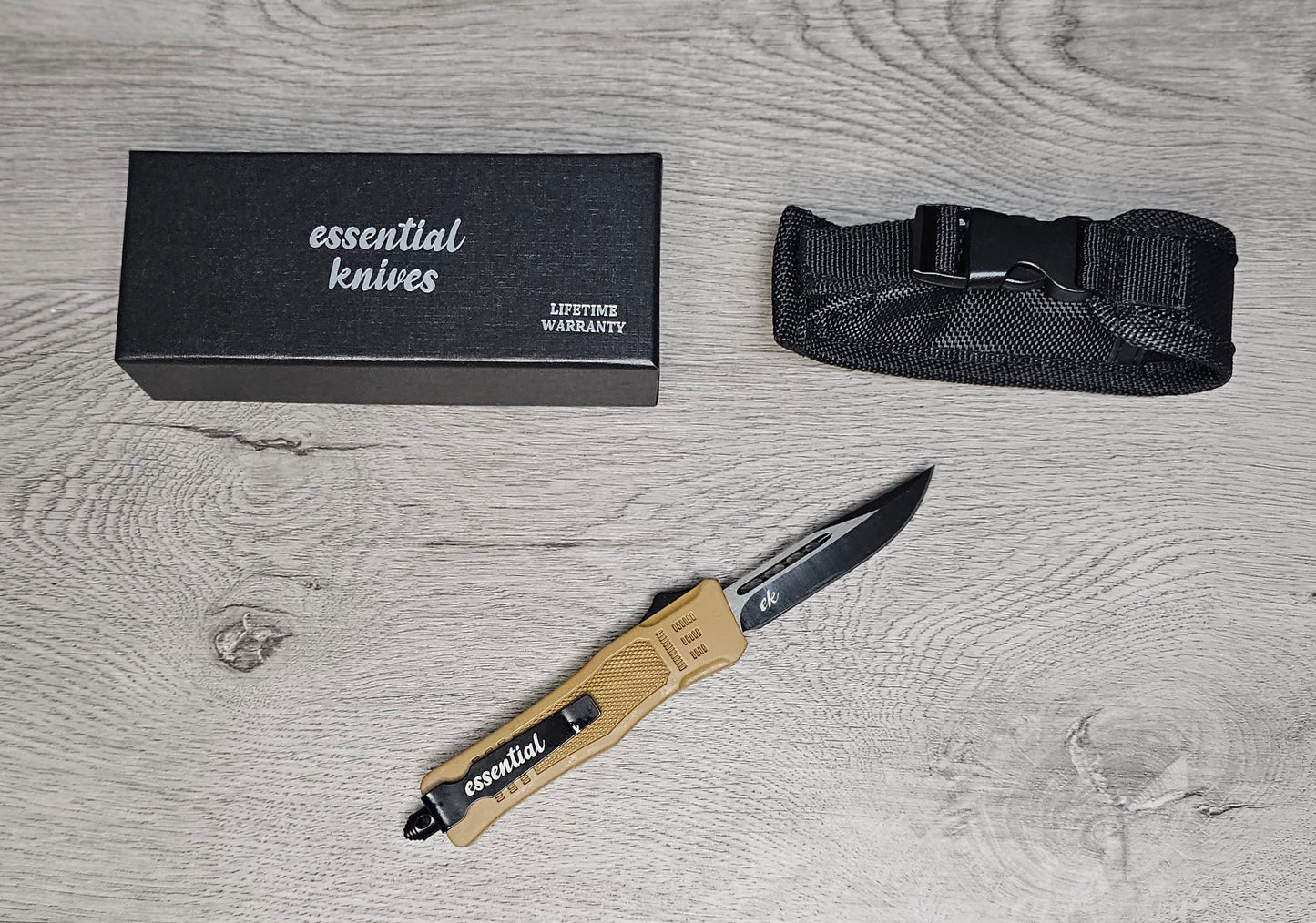 ESSENTIAL KNIVES "THE ESSENTIAL 7" COYOTE Out The Front Knife DROP POINT Blade