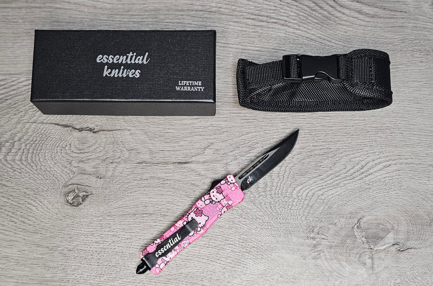 ESSENTIAL KNIVES "THE ESSENTIAL 7" KITTY CAT Out The Front Knife DROP POINT Blade