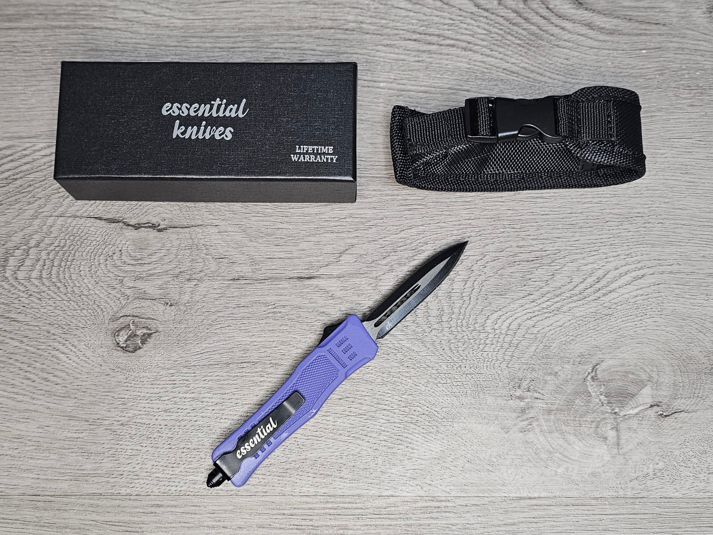 ESSENTIAL KNIVES "THE ESSENTIAL 7" PURPLE Out The Front Knife DAGGER Blade