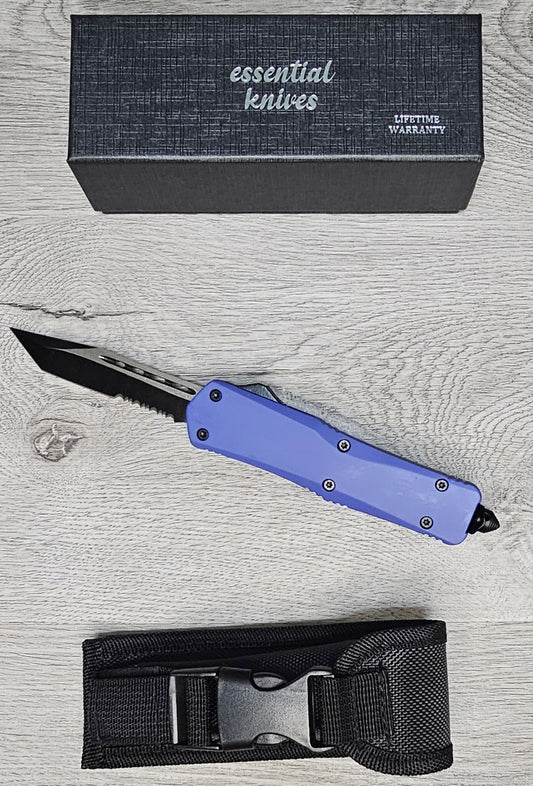 ESSENTIAL KNIVES "THE ESSENTIAL 9" PURPLE Out The Front Knife Tanto SERRATED Blade