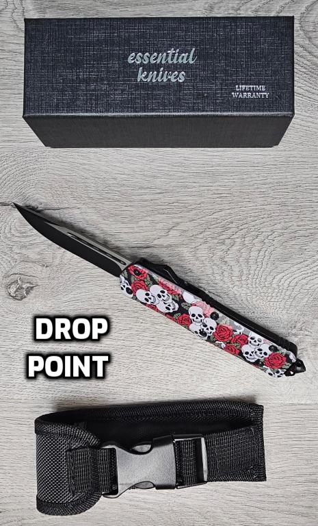 ESSENTIAL KNIVES "THE ESSENTIAL 9" SKULLS & ROSES Out The Front Knife 3 BLADE TYPES