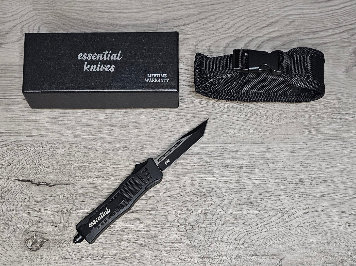 ESSENTIAL KNIVES "THE ESSENTIAL 7" BLACK Out The Front Knife TANTO Blade