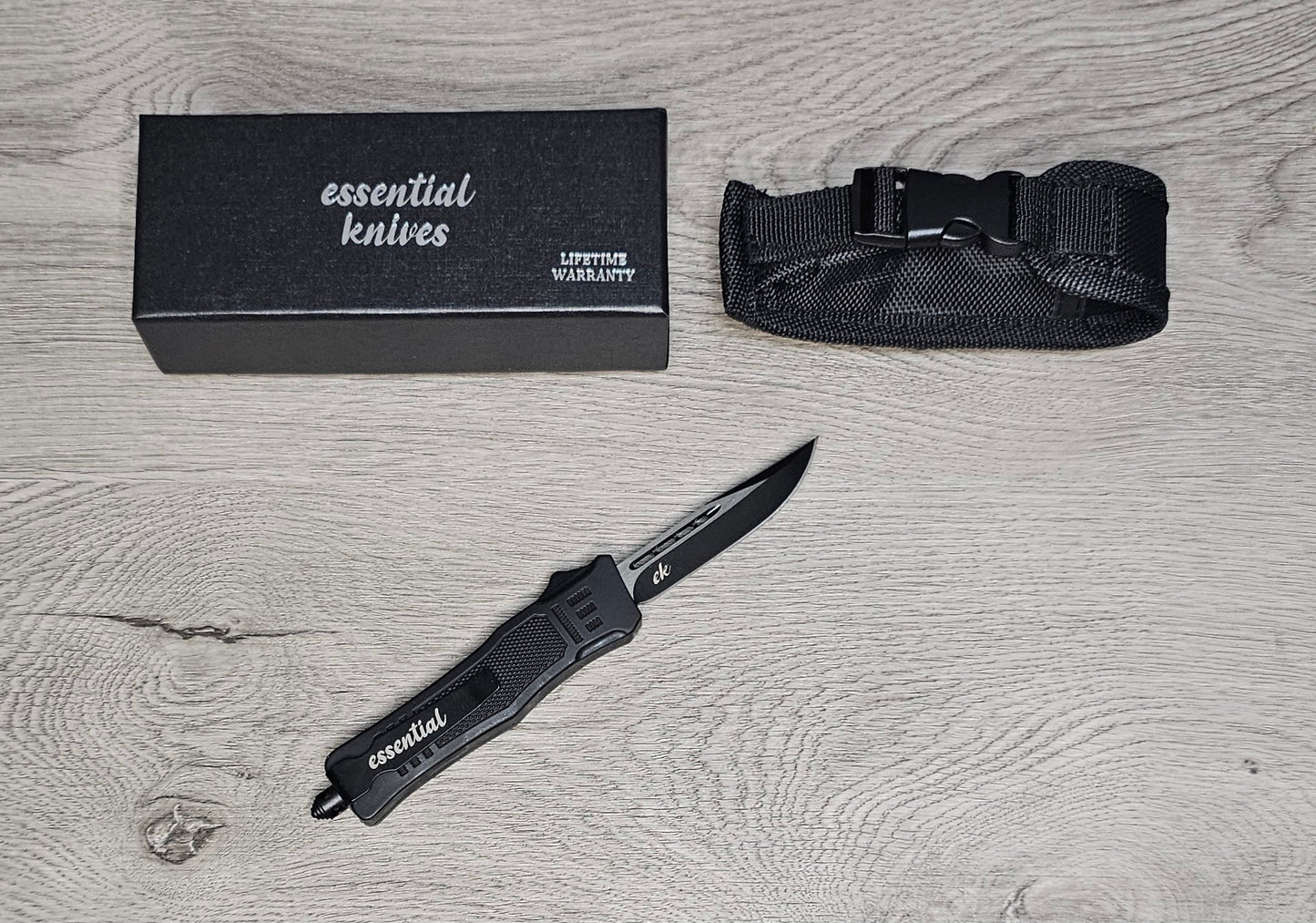 ESSENTIAL KNIVES "THE ESSENTIAL 7" BLACK Out The Front Knife DROP POINT Blade