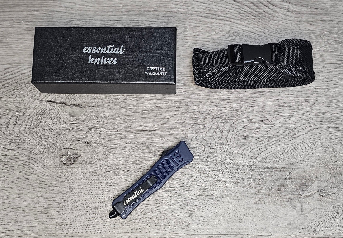 ESSENTIAL KNIVES "THE ESSENTIAL 7" BLUE Out The Front Knife TANTO SERRATED Blade