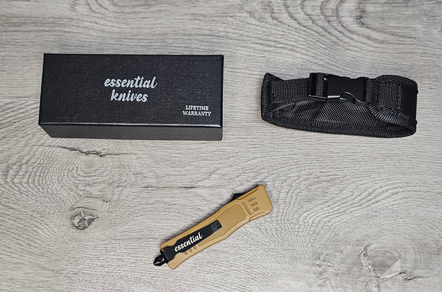ESSENTIAL KNIVES "THE ESSENTIAL 7" COYOTE Out The Front Knife TANTO SERRATED Blade