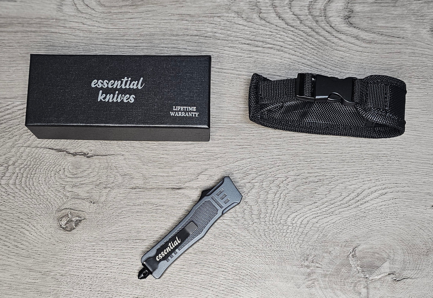 ESSENTIAL KNIVES "THE ESSENTIAL 7" GRANITE Out The Front Knife TANTO SERRATED Blade