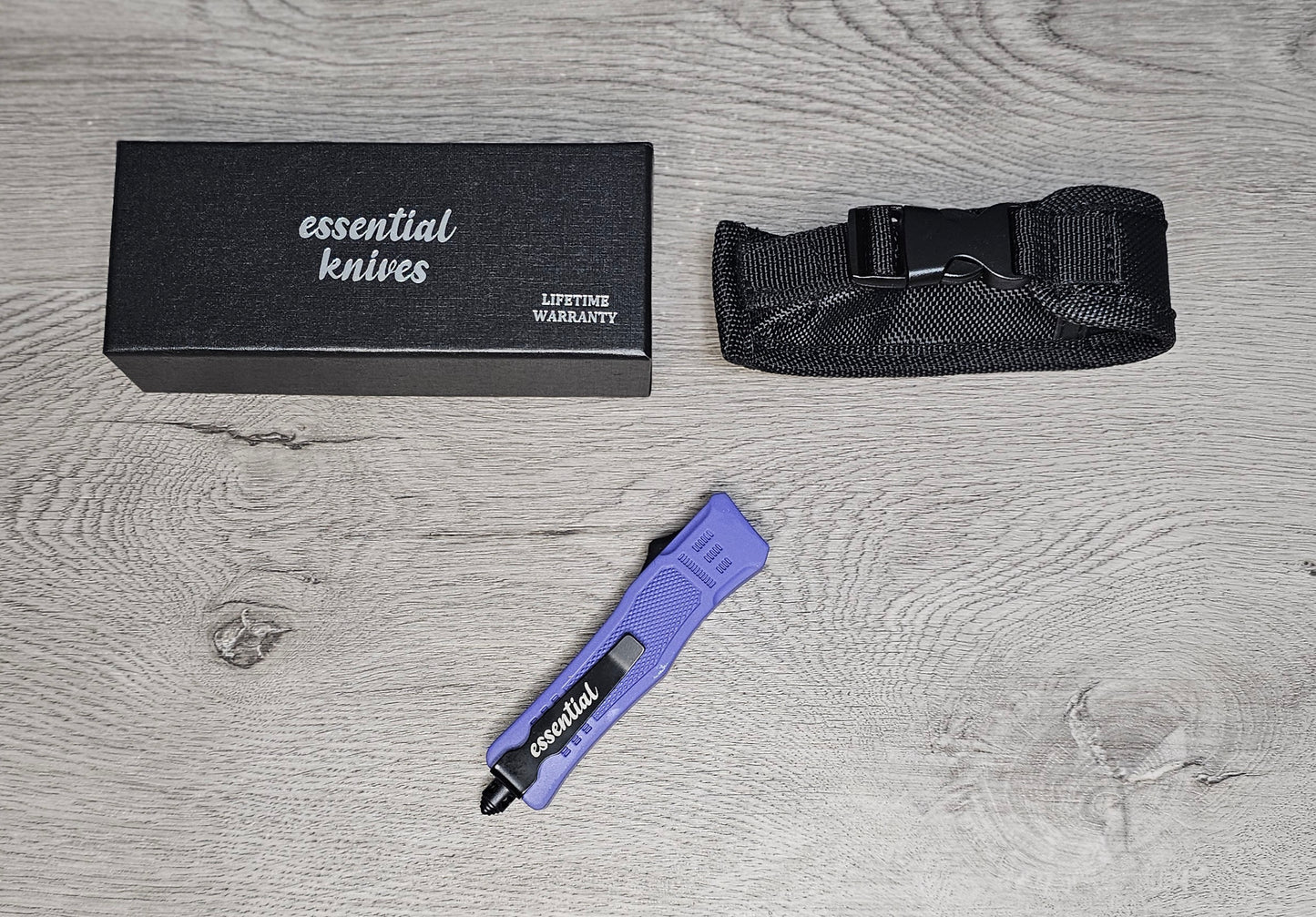 ESSENTIAL KNIVES "THE ESSENTIAL 7" PURPLE Out The Front Knife TANTO SERRATED Blade