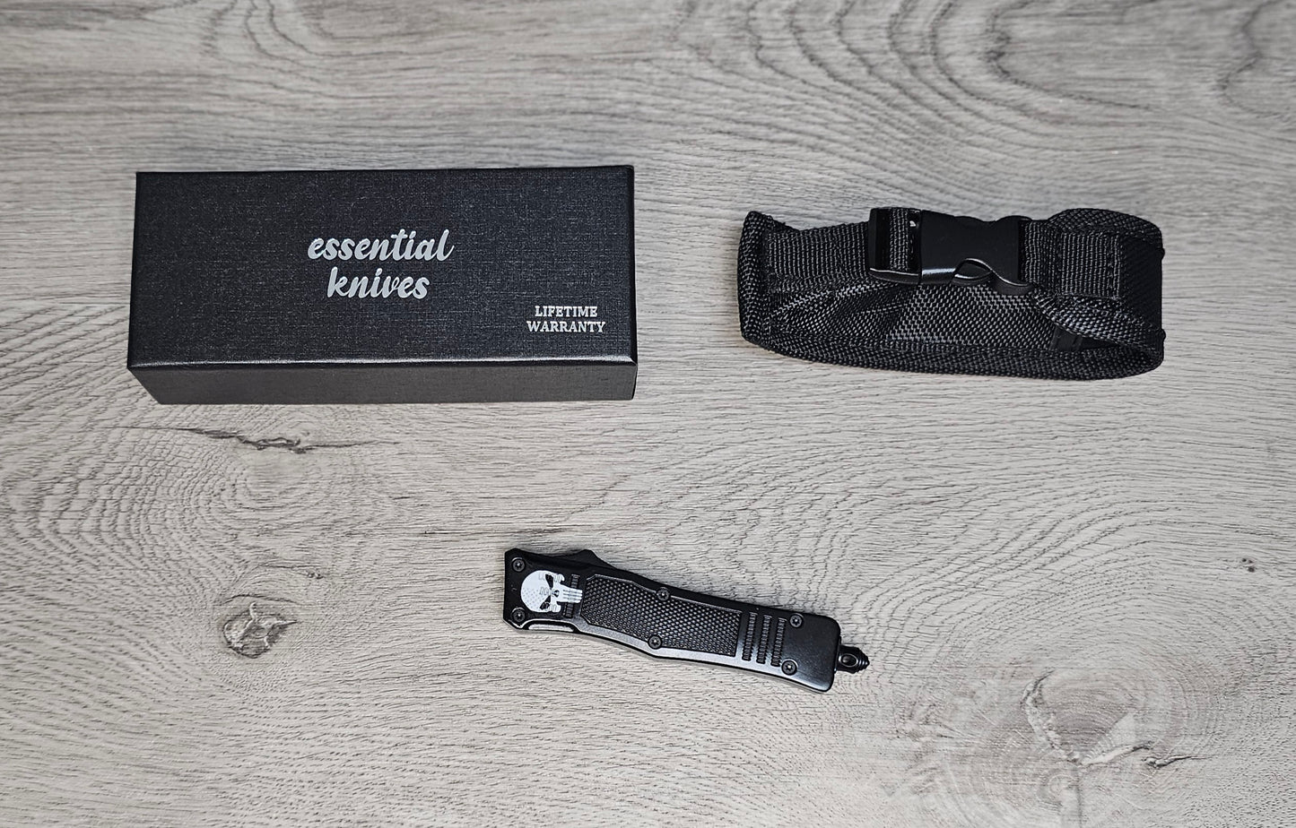ESSENTIAL KNIVES "THE ESSENTIAL 7" SKULL Out The Front Knife TANTO SERRATED Blade