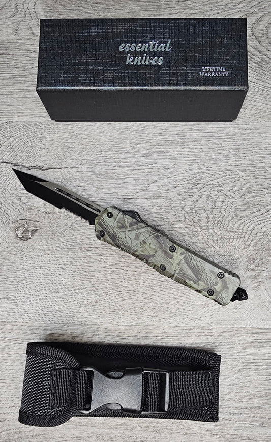 ESSENTIAL KNIVES "THE ESSENTIAL 9"CAMO  Out The Front Knife TANTO SERRATED Blade
