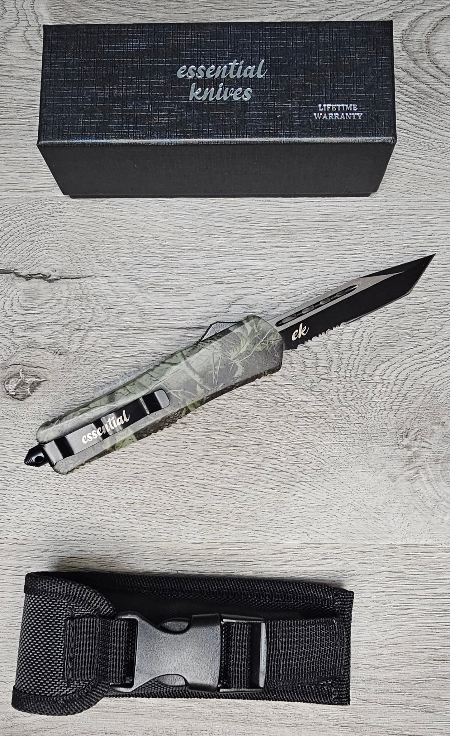 ESSENTIAL KNIVES "THE ESSENTIAL 9"CAMO  Out The Front Knife TANTO SERRATED Blade