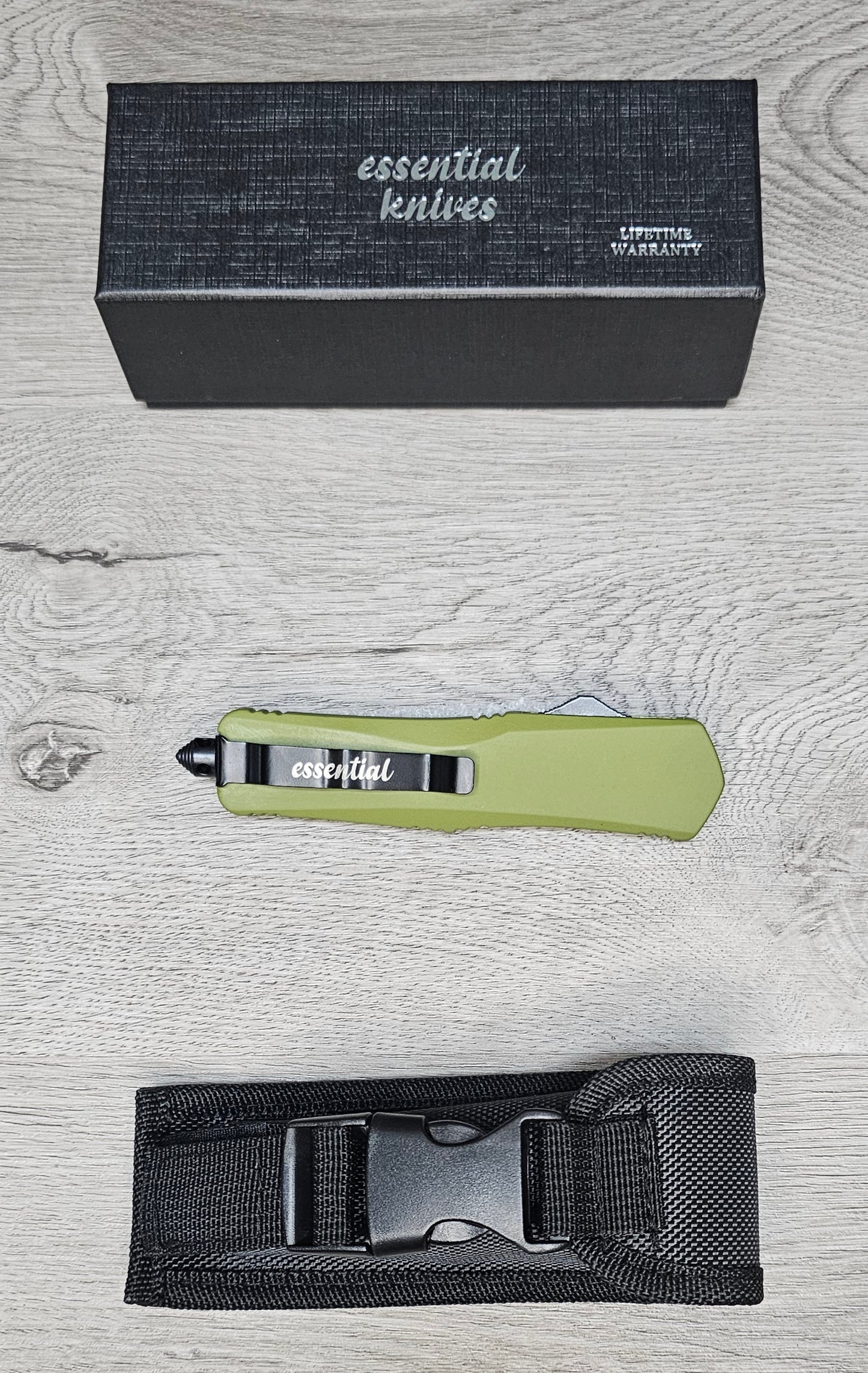 ESSENTIAL KNIVES "THE ESSENTIAL 9" OD GREEN Out The Front Knife TANTO SERRATED Blade