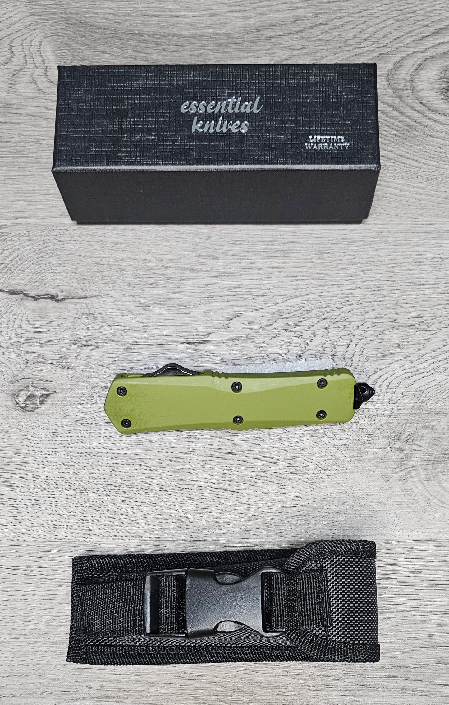 ESSENTIAL KNIVES "THE ESSENTIAL 9" OD GREEN Out The Front Knife TANTO SERRATED Blade