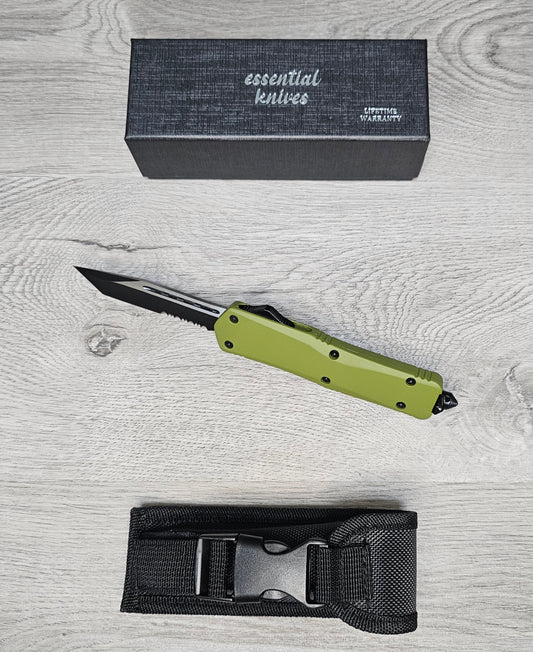 ESSENTIAL KNIVES "THE ESSENTIAL 9" OD GREEN Out The Front Knife TANTO SERRATED Blade