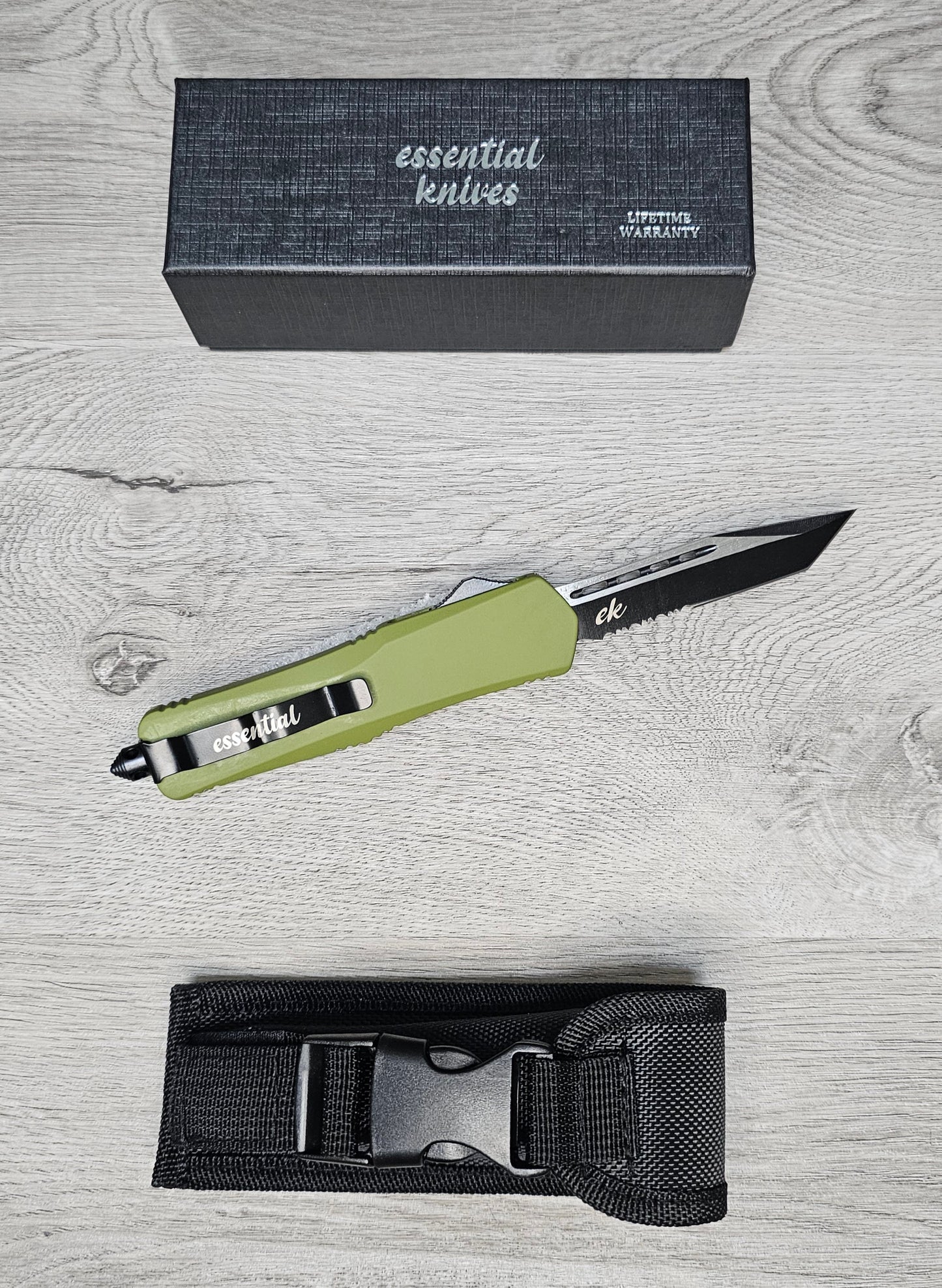 ESSENTIAL KNIVES "THE ESSENTIAL 9" OD GREEN Out The Front Knife TANTO SERRATED Blade