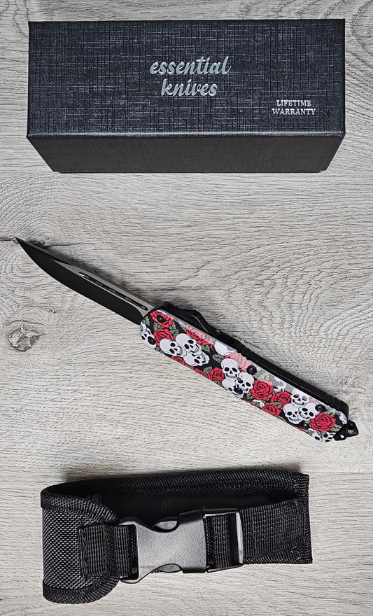 ESSENTIAL KNIVES "THE ESSENTIAL 9" SKULLS N ROSES  Out The Front Knife DROP POINT BLADE