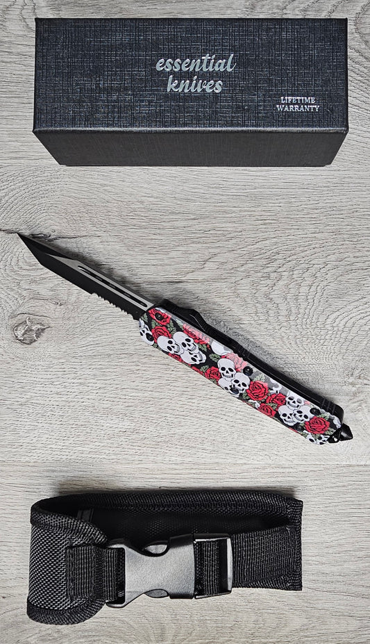 ESSENTIAL KNIVES "THE ESSENTIAL 9" SKULLS N ROSES  Out The Front Knife Tanto Blade