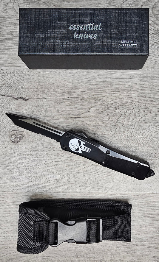 ESSENTIAL KNIVES "THE ESSENTIAL 9" SKULL Out The Front Knife TANTO SERRATED Blade