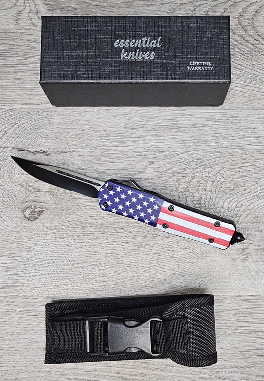 ESSENTIAL KNIVES "THE ESSENTIAL 9" STARS & STRIPES Out The Front Knife DROP POINT Blade