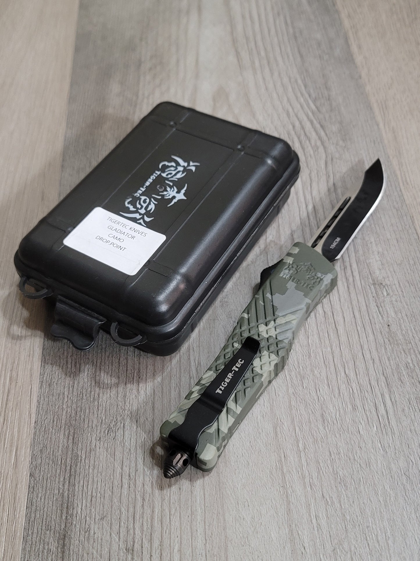 Tiger Tec Gladiator Out the Front Knife. Camo Drop Point Blade