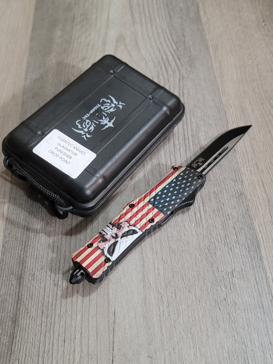 Tiger Tec Warrior "PUNISHER  SKULL US FLAG " Out The Front Knife Drop Point Blade