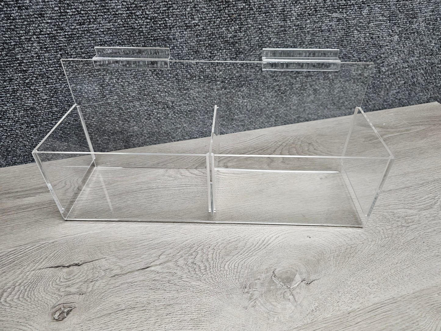CLEAR ACRYLIC DOUBLE BIN DISPLAY FOR SLATWALL 16"W x 4 3/4"D x 7 3/16"H. 4 3/4"H