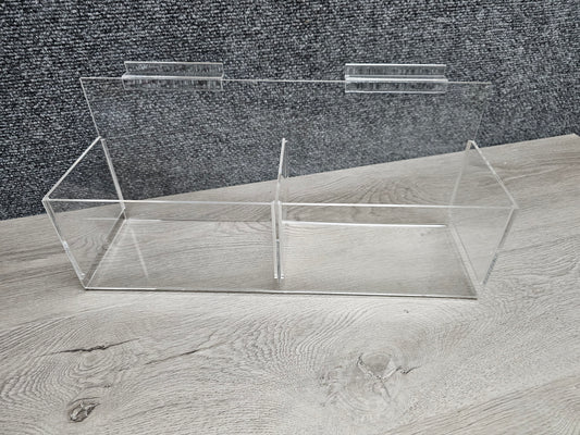 CLEAR ACRYLIC DOUBLE BIN DISPLAY FOR SLATWALL 16"W x 4 3/4"D x 7 3/16"H. 4 3/4"H