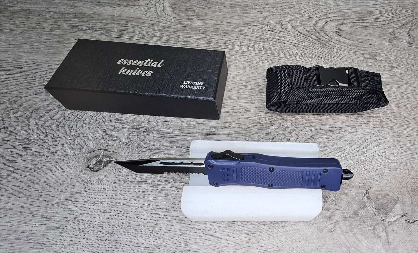 ESSENTIAL KNIVES "THE ESSENTIAL 7" BLUE Out The Front Knife TANTO SERRATED Blade