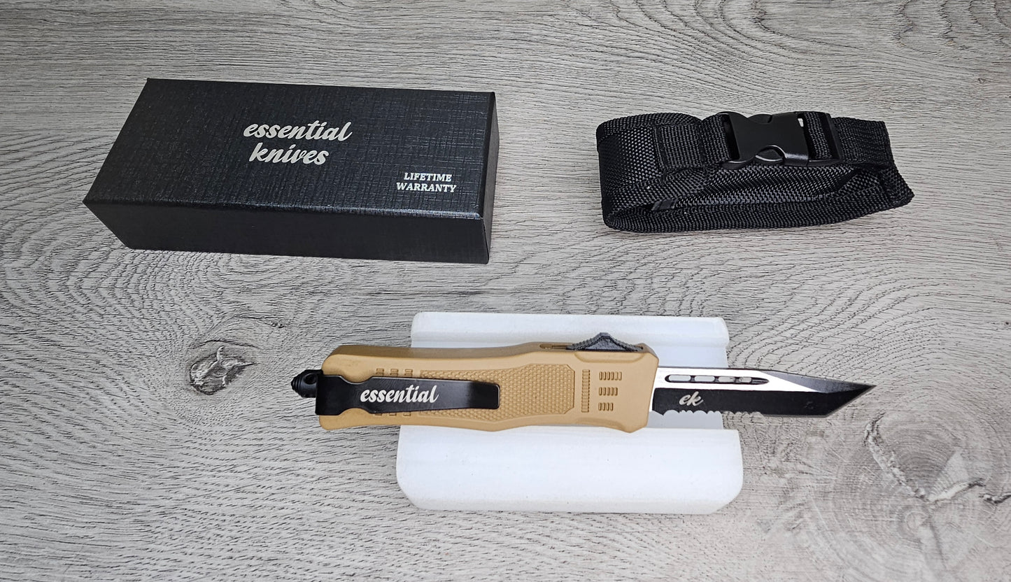 ESSENTIAL KNIVES "THE ESSENTIAL 7" COYOTE Out The Front Knife TANTO SERRATED Blade