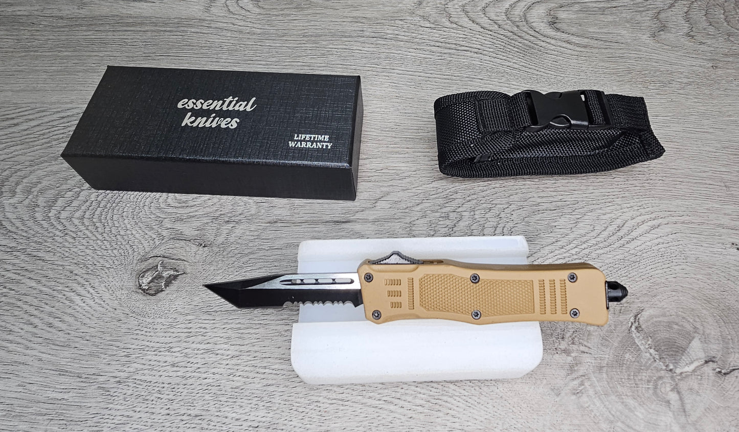ESSENTIAL KNIVES "THE ESSENTIAL 7" COYOTE Out The Front Knife TANTO SERRATED Blade
