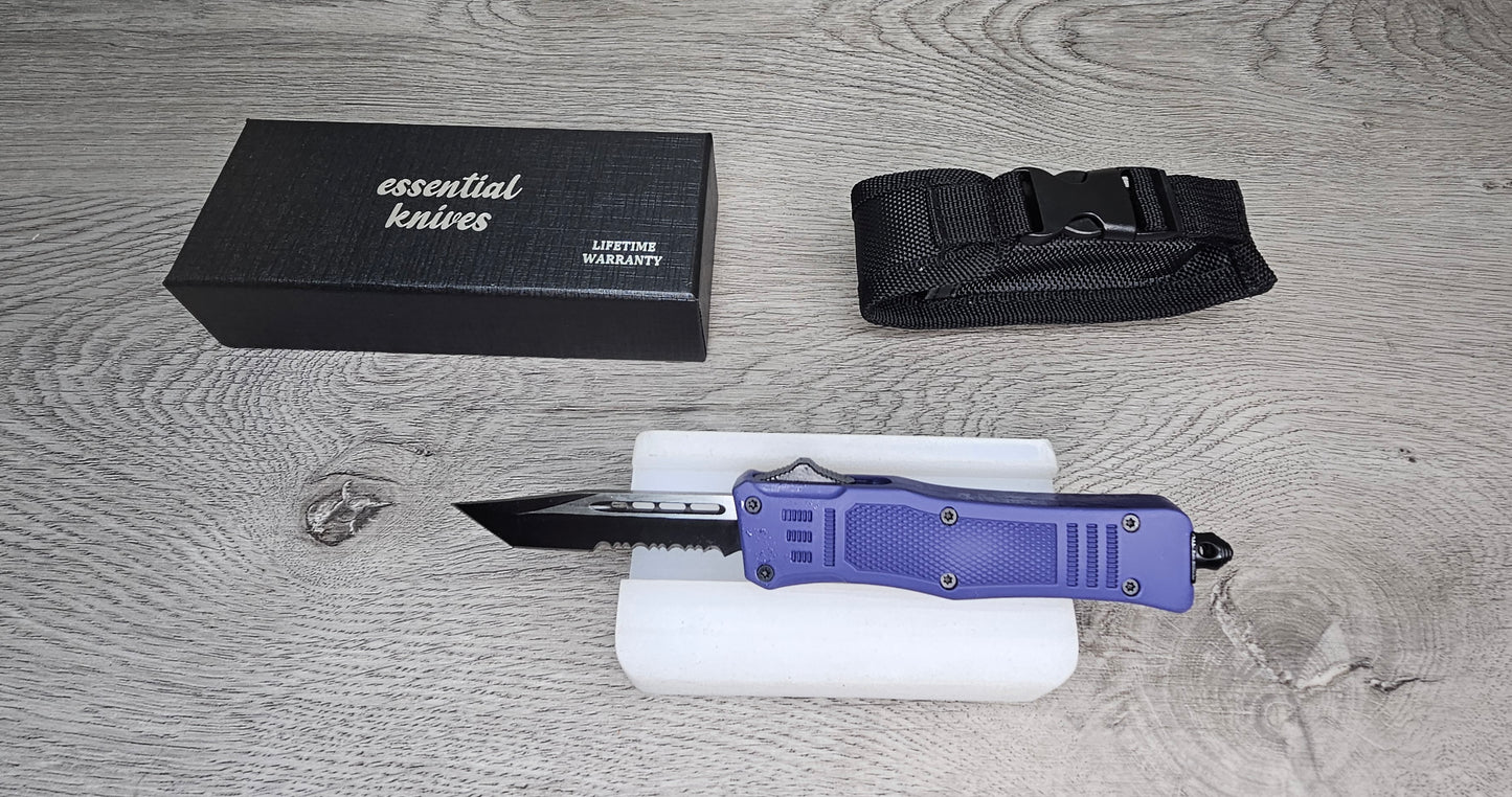 ESSENTIAL KNIVES "THE ESSENTIAL 7" PURPLE Out The Front Knife TANTO SERRATED Blade