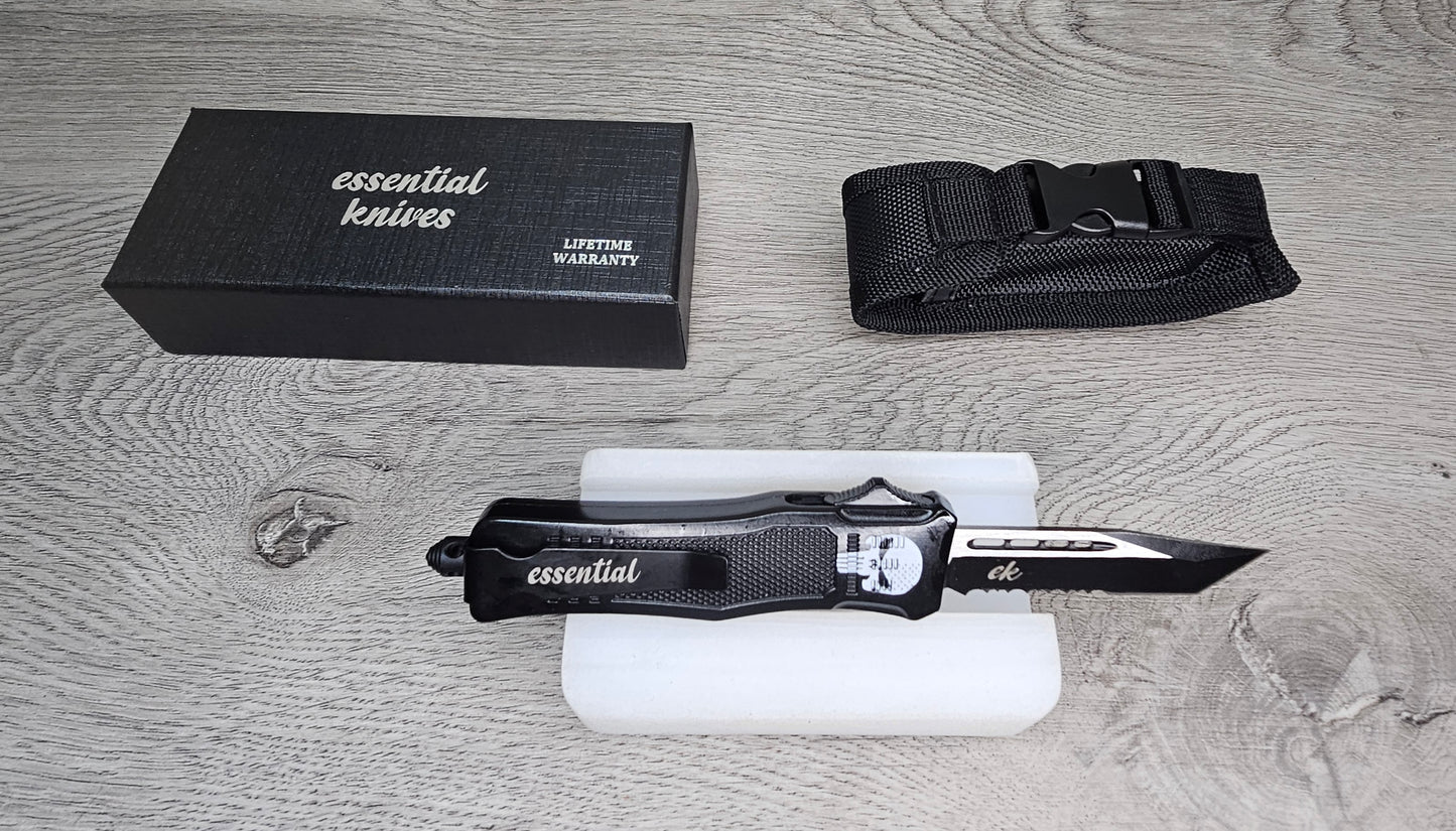 ESSENTIAL KNIVES "THE ESSENTIAL 7" SKULL Out The Front Knife TANTO SERRATED Blade
