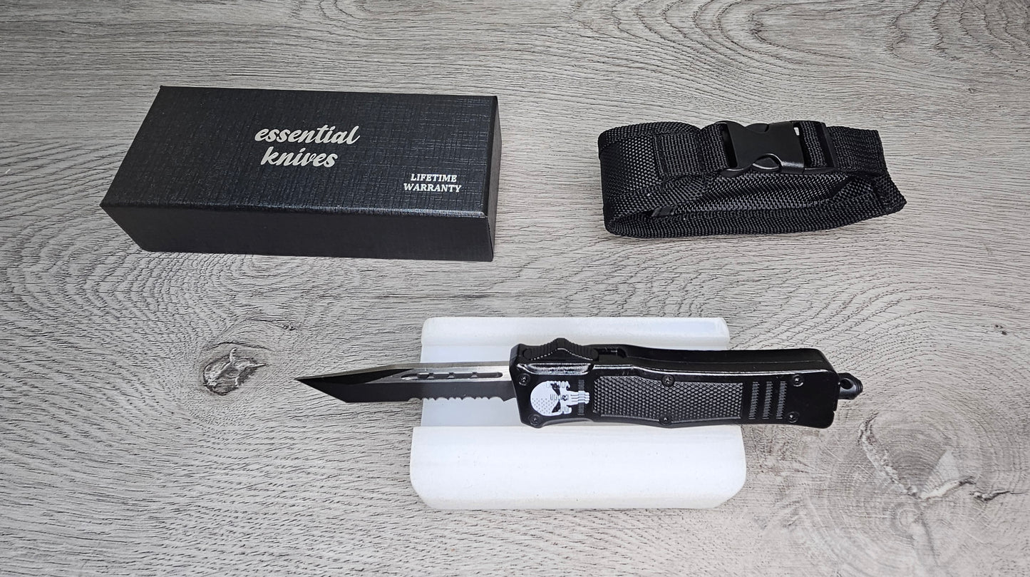 ESSENTIAL KNIVES "THE ESSENTIAL 7" SKULL Out The Front Knife TANTO SERRATED Blade