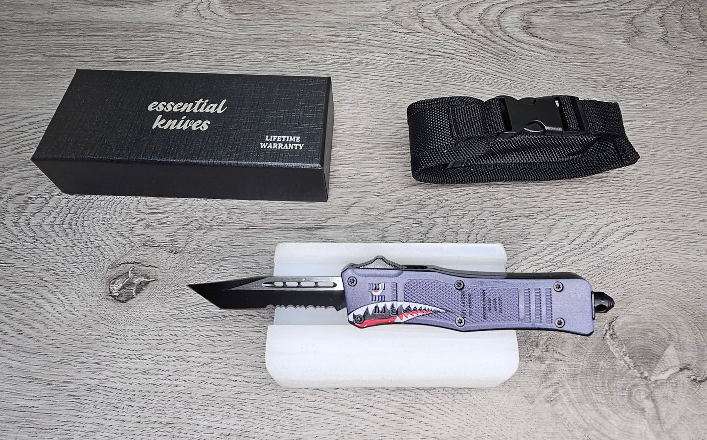 ESSENTIAL KNIVES "THE ESSENTIAL 7" GRAY P40 Out The Front Knife TANTO SERRATED Blade